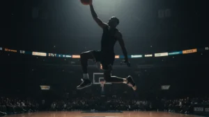 Silhouette of basketball player mid-air slam dunk in 1990s style arena, representing classic NBA greatness