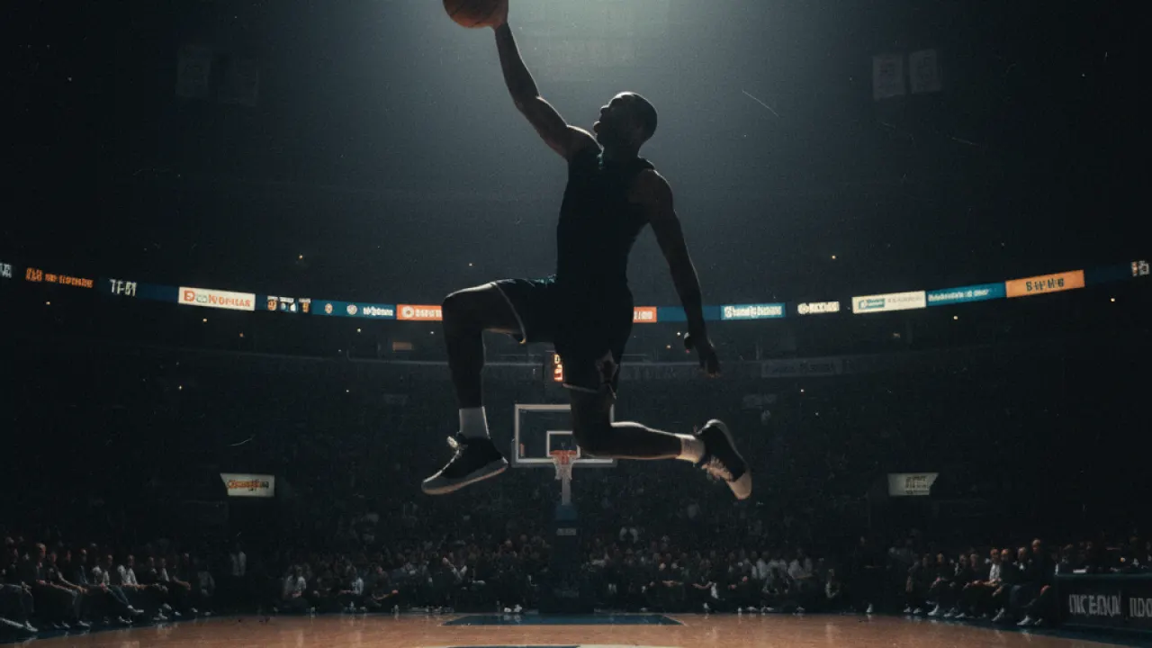 Classic NBA Slam Dunk - 1990s Era Basketball Greatness Silhouette of basketball player mid-air slam dunk in 1990s style arena, representing classic NBA greatness