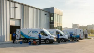 Fleet of branded cleaning service vans with workers loading equipment, representing a scalable cleaning service business
