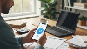 Person checking credit score on smartphone app showing 750 with mortgage documents and laptop on desk, representing checking credit before home buying