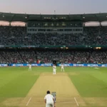 Dramatic packed cricket stadium with floodlights illuminating green pitch at twilight with batter facing bowler representing top cricket players to watch 2026
