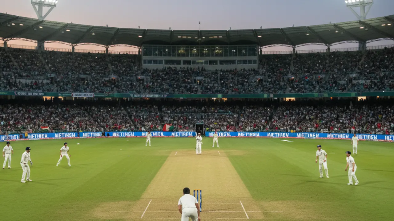 Dramatic packed cricket stadium with floodlights illuminating green pitch at twilight with batter facing bowler representing top cricket players to watch 2026