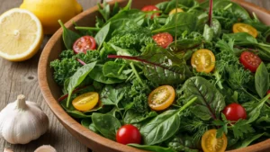 Mixed dark leafy greens salad - spinach kale arugula chard - in wooden bowl with cherry tomatoes olive oil herbs, representing daily greens for heart health