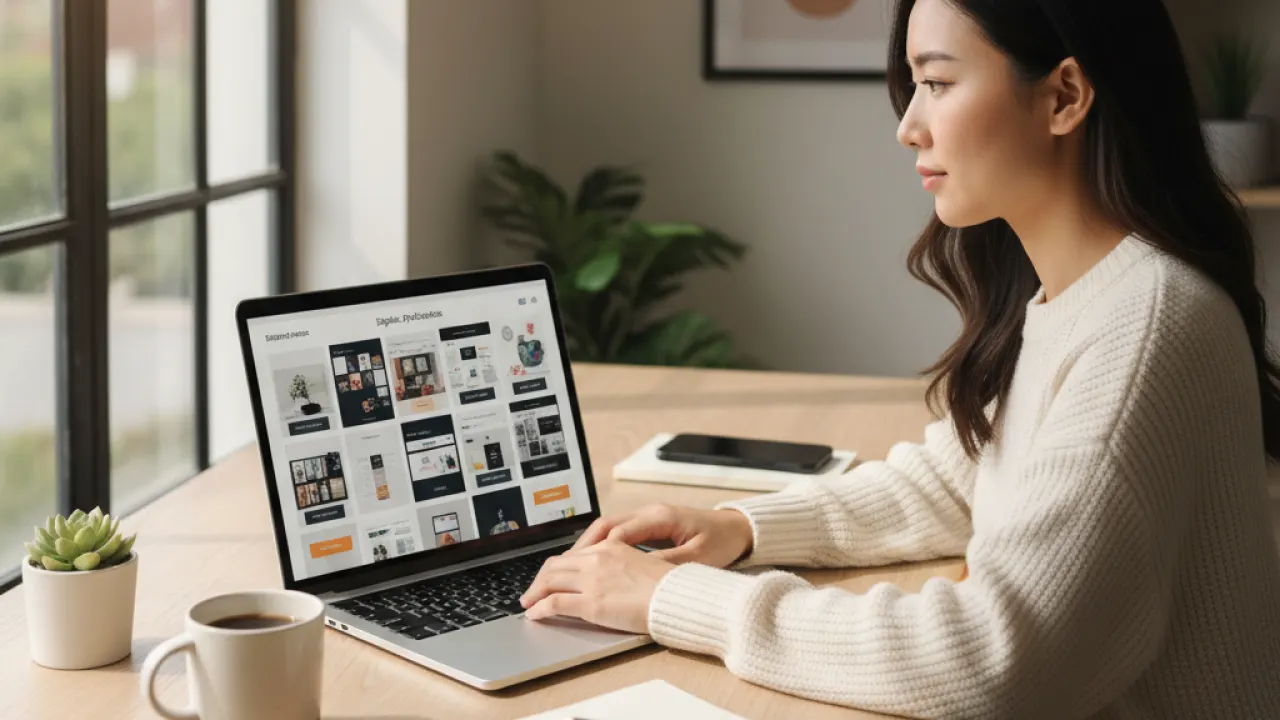 Creator at desk reviewing a digital product storefront with template thumbnails, representing digital product businesses