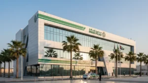 Modern Dubai police station building exterior with green white branding and palm trees representing Naif Police Station Dubai