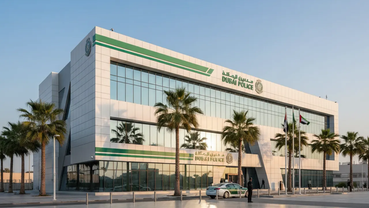 Dubai Police Station Naif Modern Dubai police station building exterior with green white branding and palm trees representing Naif Police Station Dubai