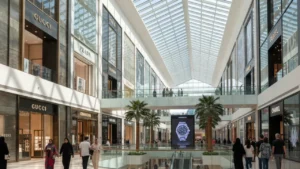 Modern Dubai shopping mall interior with luxury brands tall ceilings and shoppers representing Dubai mall shopping experience