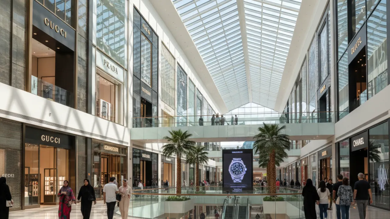 Dubai Shopping Mall Interior Modern Dubai shopping mall interior with luxury brands tall ceilings and shoppers representing Dubai mall shopping experience