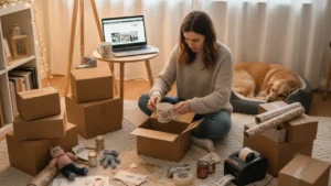 Person packing handmade products into shipping boxes at home with wrapping materials, representing Etsy handmade products as side hustle