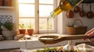 Glass bottle of extra virgin olive oil being poured into wooden spoon with fresh olives garlic and herbs in Mediterranean kitchen, representing olive oil for heart health