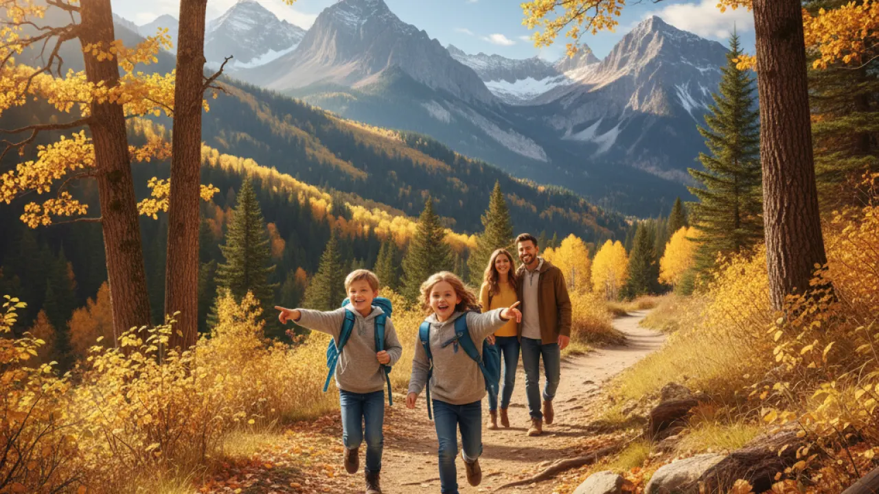 Family Hike in National Park - Autumn Trail Family hiking on a national park trail in autumn with mountain views, representing family adventure vacations