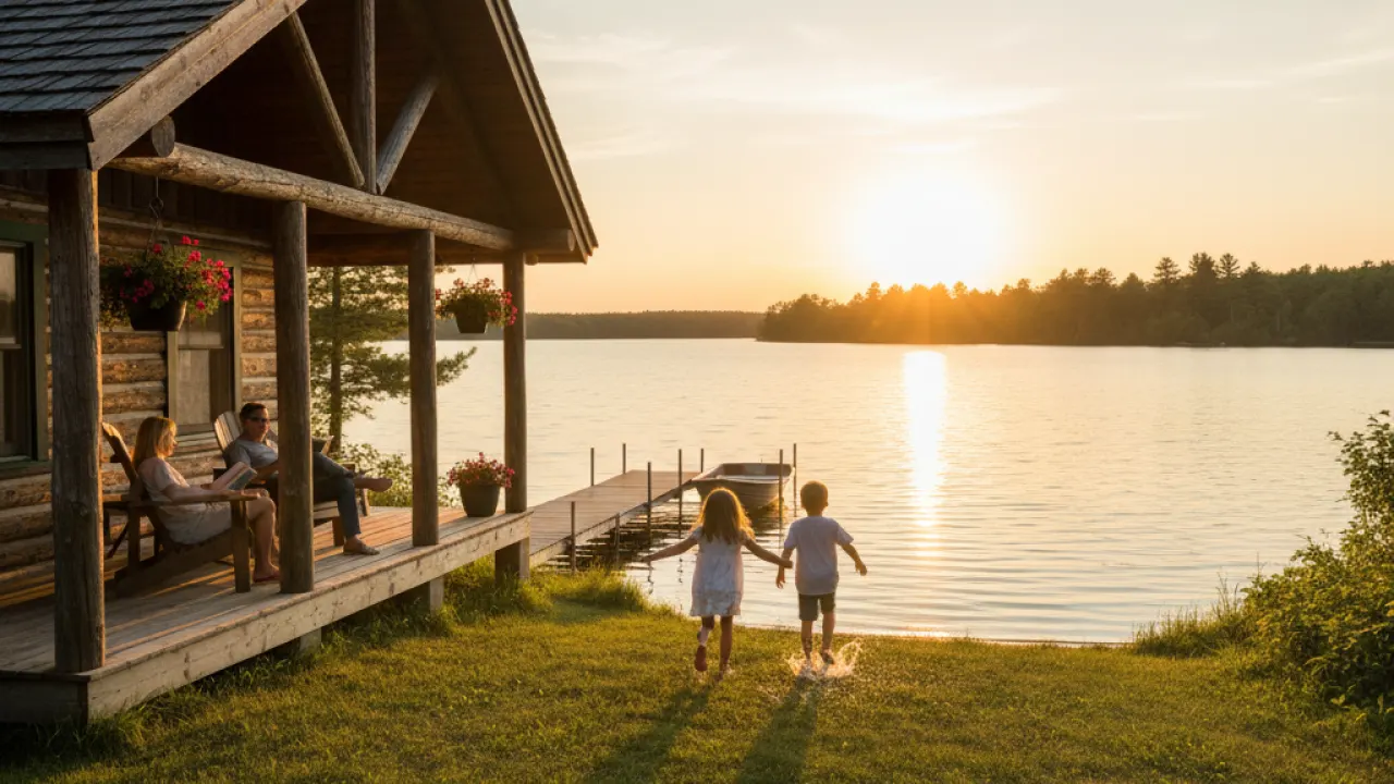 Family Lakeside Cabin Vacation - Summer Evening Family at a lakeside cabin with kids running to the lake at sunset, representing quieter family travel destinations