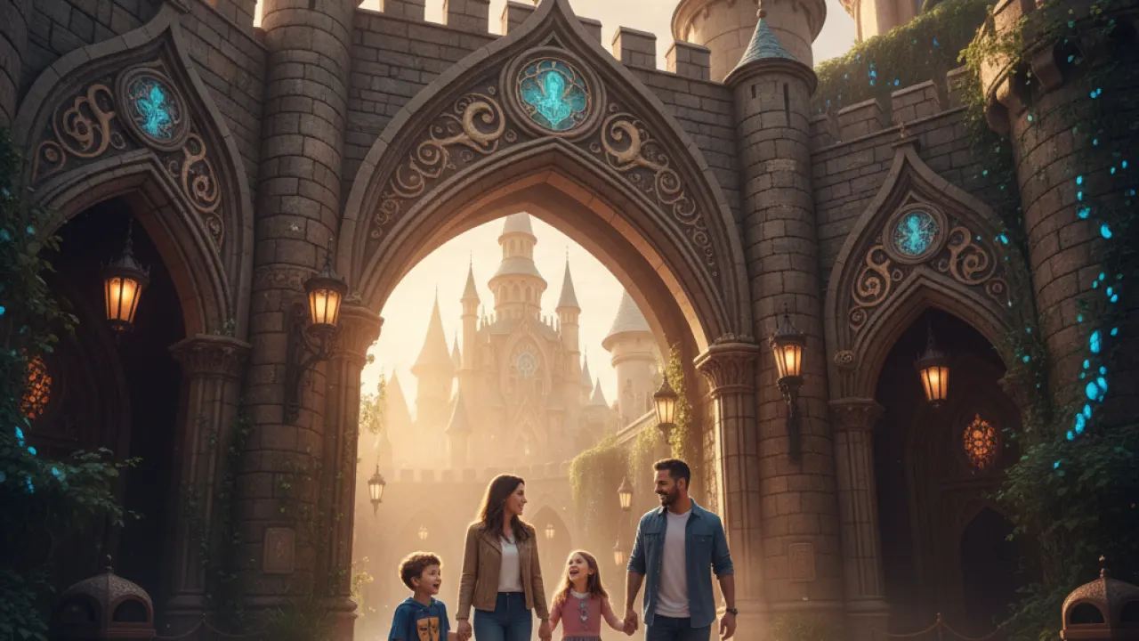 Family Theme Park Trip - Castle Entrance at Sunset Family of four walking through a magical theme park castle entrance at sunset, representing big-impact family destinations