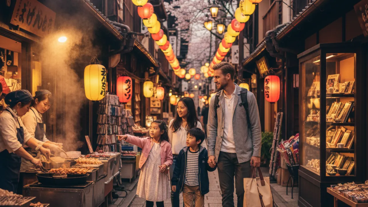 Family in Tokyo Japan - Street Food and Lanterns Family walking in a Tokyo neighbourhood with paper lanterns and street food vendors, representing international family travel