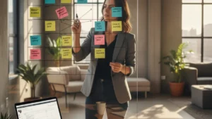 Entrepreneur planning a 90-day timeline on a whiteboard with sticky notes, representing the first 90 days of an online business