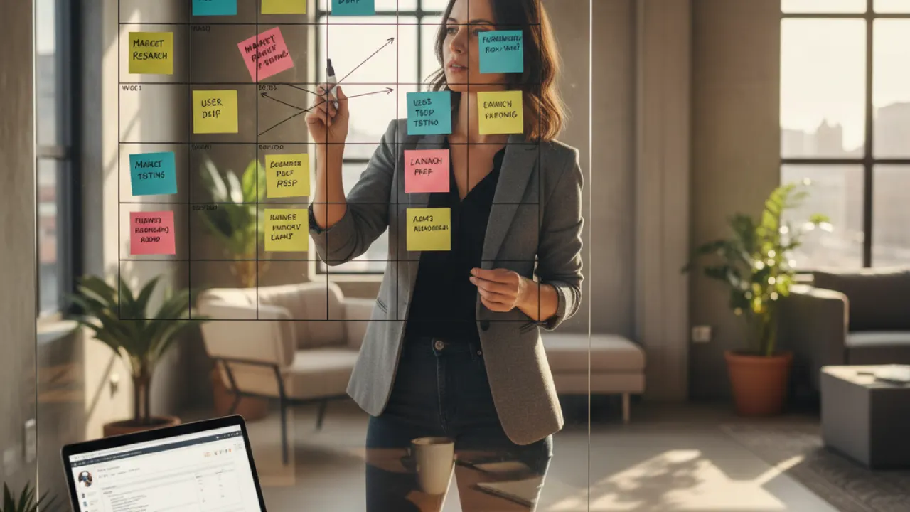 First 90 Days of an Online Business - Week by Week Plan Entrepreneur planning a 90-day timeline on a whiteboard with sticky notes, representing the first 90 days of an online business
