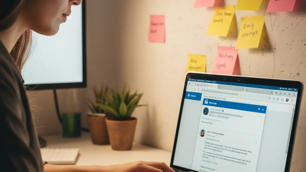 First 10 Customers Outreach - Sending Personalised Messages Entrepreneur sending personalised outreach messages on a laptop with prospect sticky notes nearby, representing finding the first 10 customers