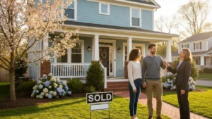 Young couple receiving house keys from real estate agent in front of suburban home with sold sign, representing first time home buyers in 2026