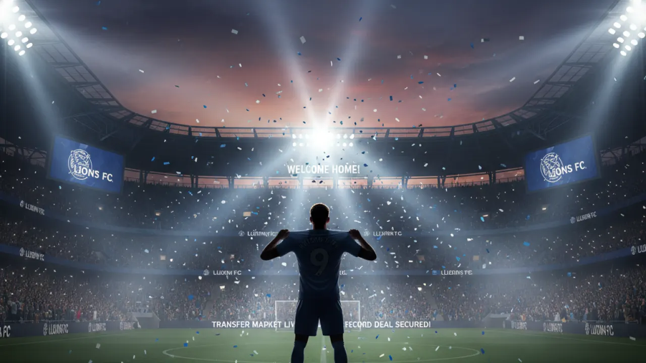 Dramatic football stadium at twilight with packed crowd and player silhouette holding new club jersey representing top football transfers summer 2026