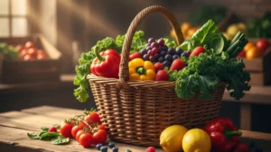 Fresh produce market basket with colourful vegetables and fruit, representing whole foods shopping for clean eating