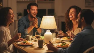 Friends laughing together at a casual dinner representing the moment people notice quiet character change