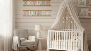 Beautiful nursery room with cute baby name letters on wooden wall hanging in pastel colors representing gender neutral baby names