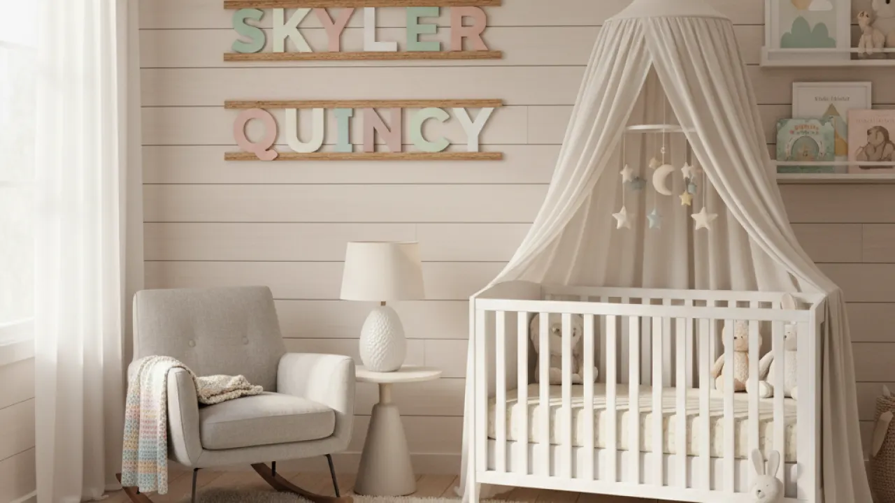 Beautiful nursery room with cute baby name letters on wooden wall hanging in pastel colors representing gender neutral baby names