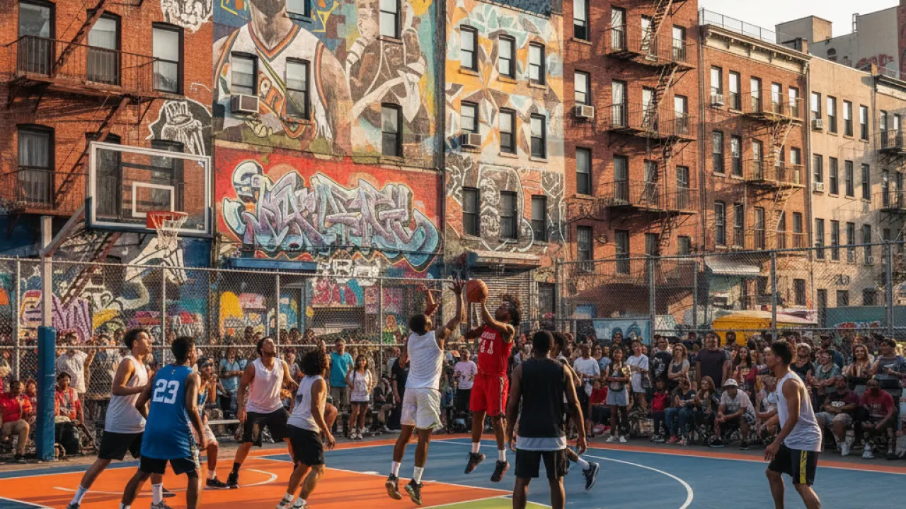 A diverse group of players competing on a vibrant outdoor basketball court, representing the global spread of basketball