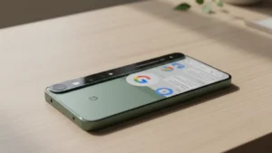 Google Pixel 11 Pro sage green color on wooden desk with distinctive camera bar and Gemini AI interface representing best AI camera phone 2026
