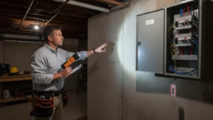 Home inspector with clipboard and flashlight examining basement foundation pipes and electrical panel during professional inspection, representing home inspection step
