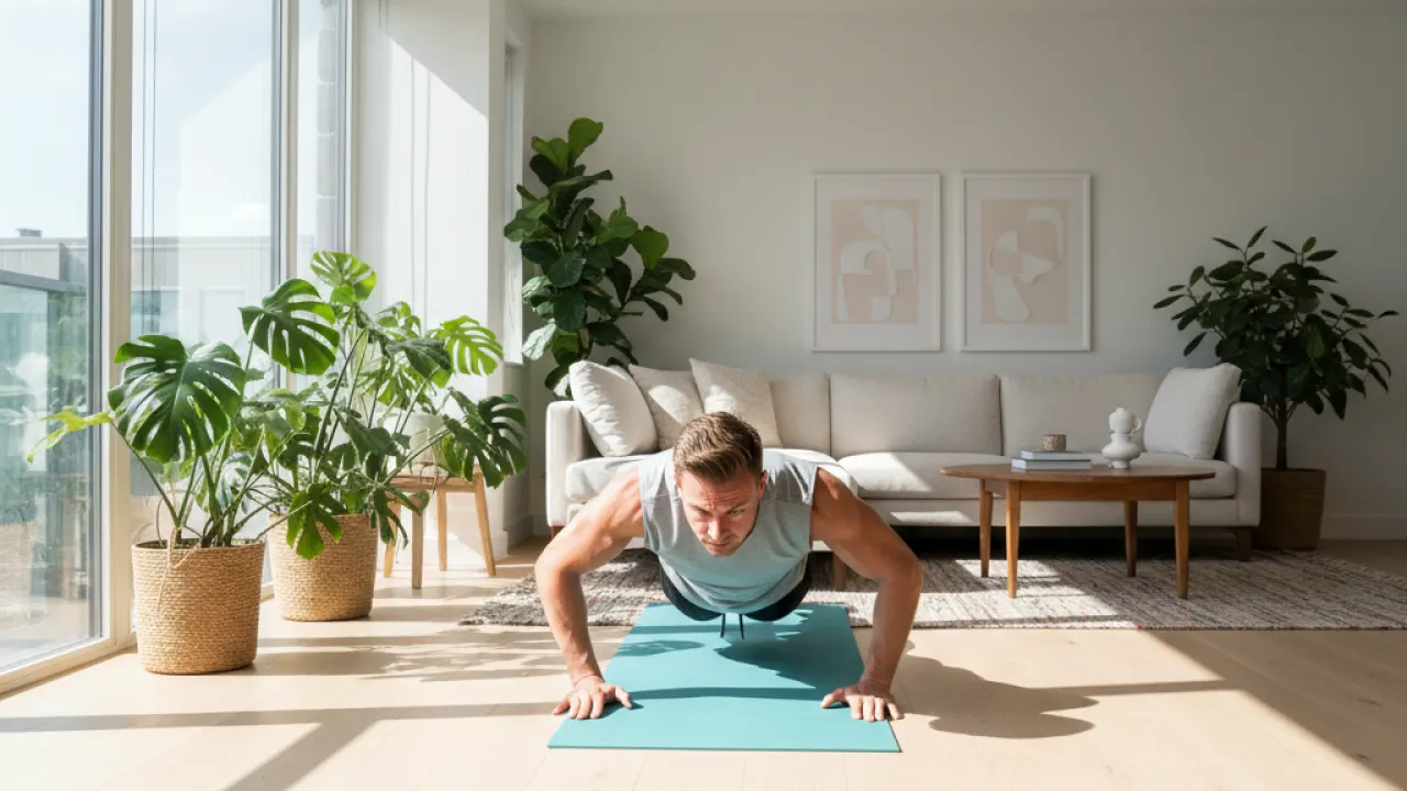 Athletic person doing push ups on yoga mat in bright living room with no gym equipment representing best home workout plan 2026