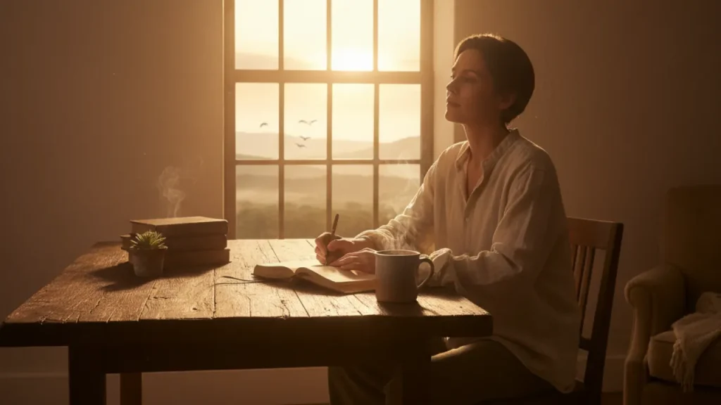 A person journaling at sunrise with morning coffee, representing the daily habits of how to be a better person