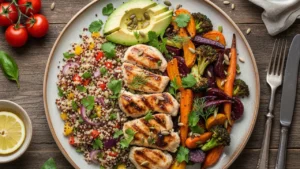 Colourful clean eating plate with grilled chicken roasted vegetables quinoa and avocado, representing how to eat clean
