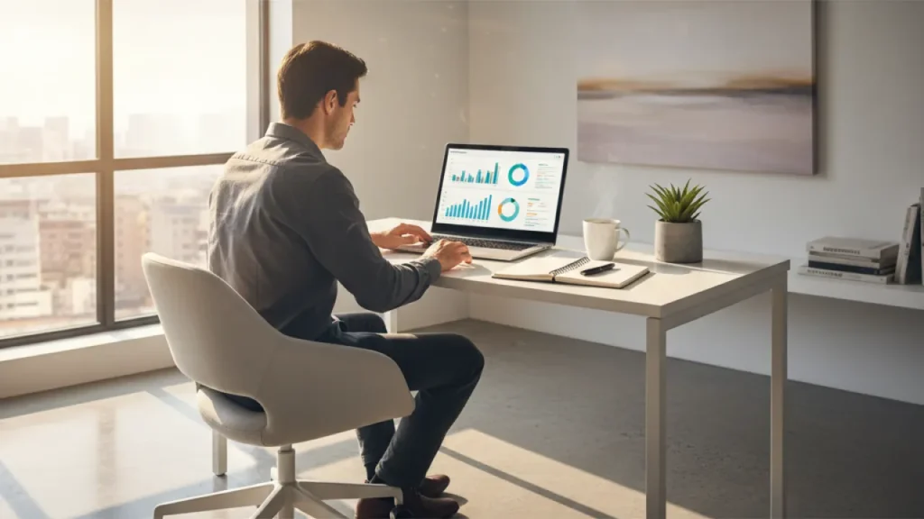 A modern home office at sunrise with laptop showing business dashboard, representing how to start an online business in 2026