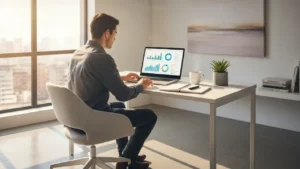 A modern home office at sunrise with laptop showing business dashboard, representing how to start an online business in 2026