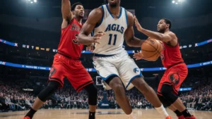 International NBA basketball star driving past defenders to the hoop, representing the global generation of top players