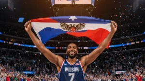 International NBA player celebrating with his country flag in an arena, representing the global generation of all time basketball greats