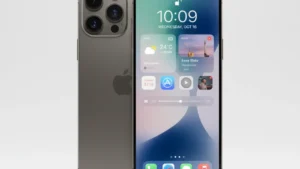 iPhone 17 Pro Max titanium finish on white background with triple camera and iOS 19 widget interface, representing the best premium iPhone for 2026