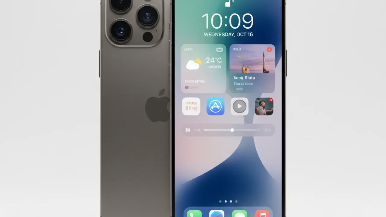 iPhone 17 Pro Max titanium finish on white background with triple camera and iOS 19 widget interface, representing the best premium iPhone for 2026