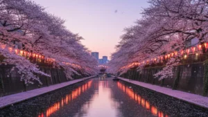 Cherry blossoms in full bloom along Tokyo Meguro river at dusk with Japanese lanterns, representing Japan as top travel destination 2026