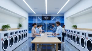 Modern self-service laundromat with rows of washing machines and customers folding clothes, representing cash flow small businesses