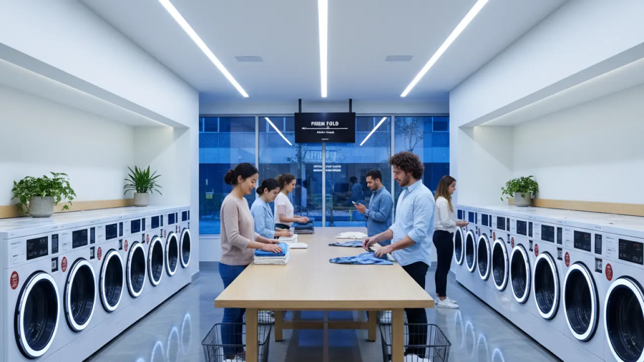 Modern self-service laundromat with rows of washing machines and customers folding clothes, representing cash flow small businesses