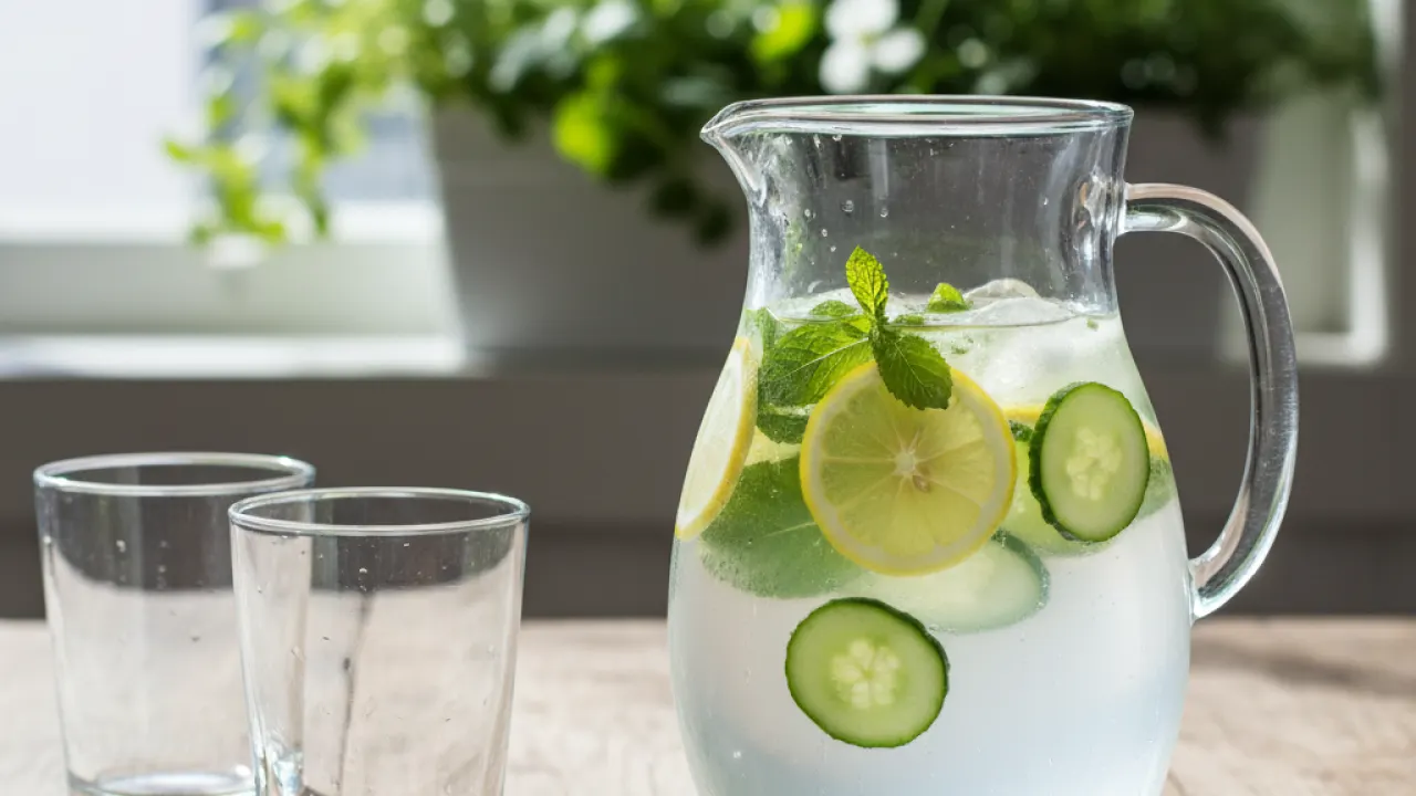 Glass pitcher of water with lemon mint and cucumber, representing the hydration habit for clean eating