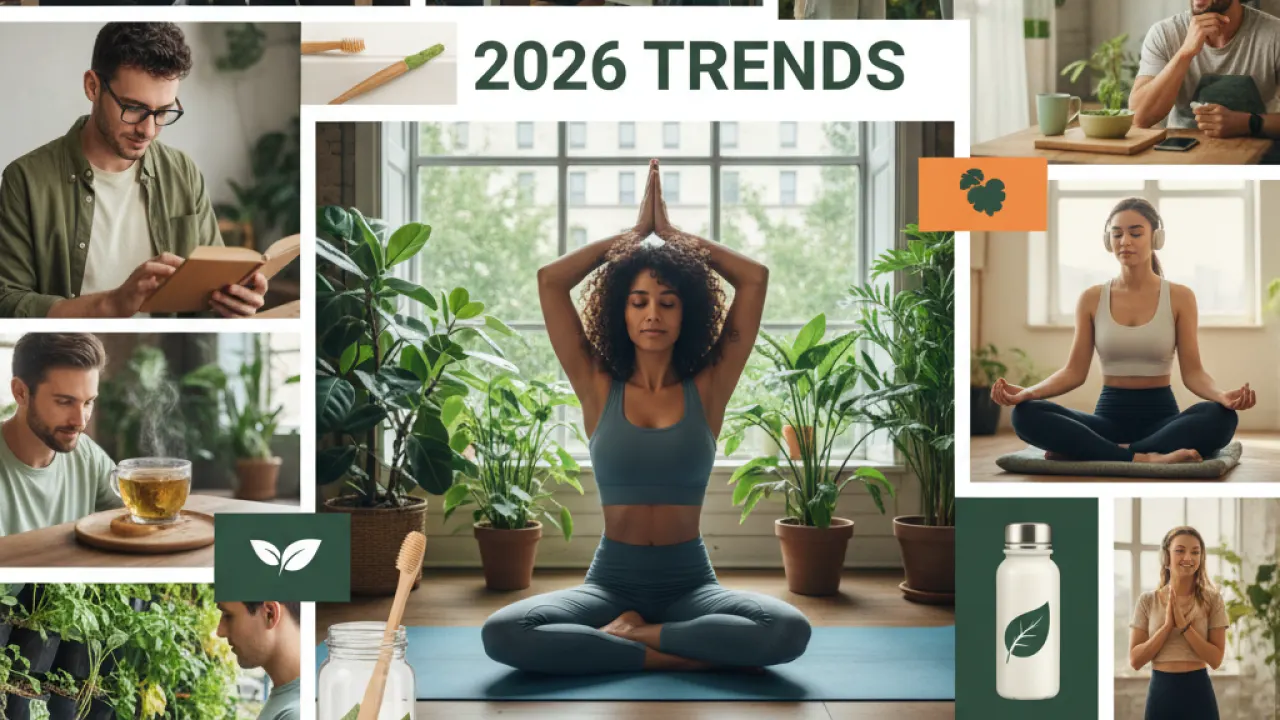 Diverse young adults in 2026 lifestyle trends collage with home gardening reading exercising meditation representing top lifestyle trends