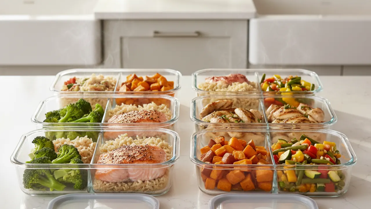 Glass meal prep containers with salmon brown rice broccoli and chicken, representing clean eating meal prep