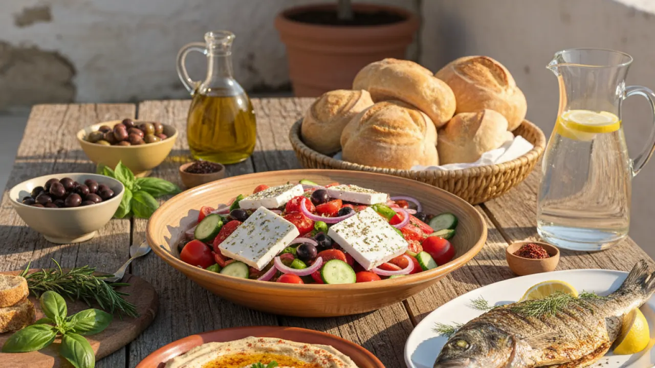 Mediterranean dinner spread on rustic wooden table with Greek salad hummus grilled fish bread olives in warm sunlight, representing best Mediterranean recipes