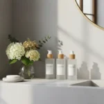 Modern bathroom counter with minimalist skincare products including cleanser moisturizer sunscreen serum in glass bottles representing top skincare routines 2026