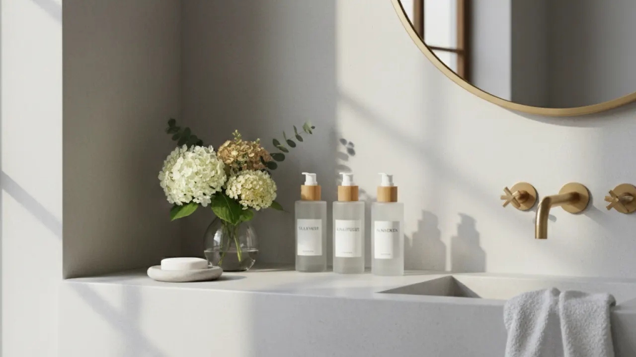 Modern bathroom counter with minimalist skincare products including cleanser moisturizer sunscreen serum in glass bottles representing top skincare routines 2026