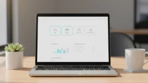 A laptop screen showing a minimal SaaS dashboard for an online business, representing the essential tool stack