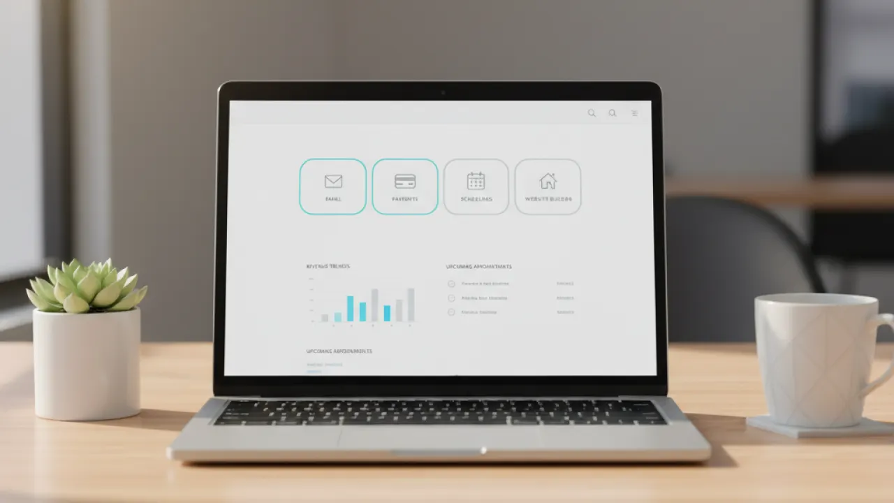 Minimum Tool Stack for Online Business - Essential SaaS Dashboard A laptop screen showing a minimal SaaS dashboard for an online business, representing the essential tool stack